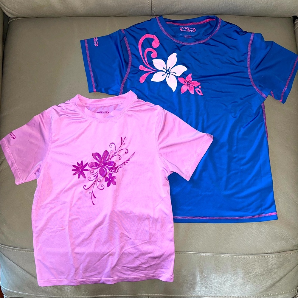 2 Youth CRAZY SHIRTS RASH GUARD SWIM TOPS Floral Girls Pink Medium & Blue Large